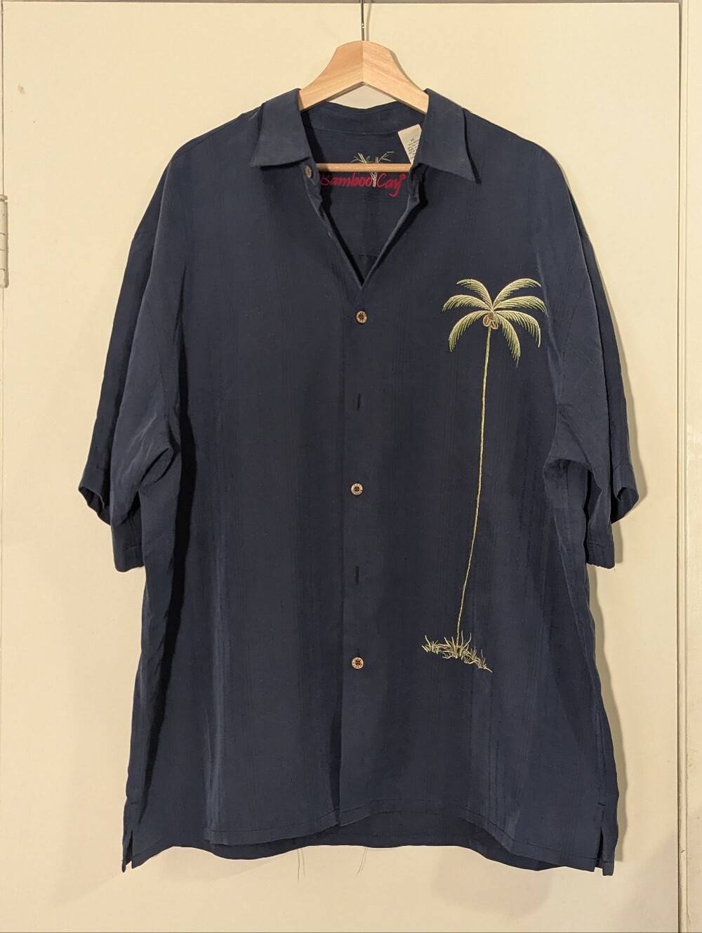 Palm-Embroidered Navy Short-Sleeve Button-Down Shirt, XL